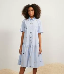 Vestido Chemise em Algodão com Bordado e Babado na Barra