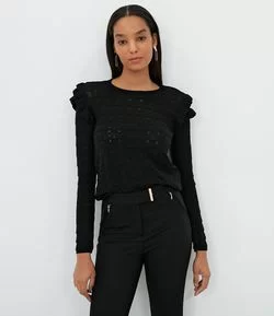 Blusa Manga Longa  em Tricô com Babados no ombro