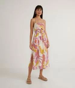Vestido Longo com Estampa Abstrata e Lastex Abaixo do Busto