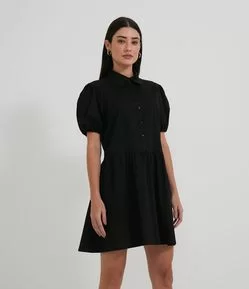 Vestido Curto em Tricoline com Manga Bufante e Babado na Barra