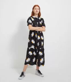 Vestido Chemise Midi em Viscose com Manga Bufante e Estampa Flores