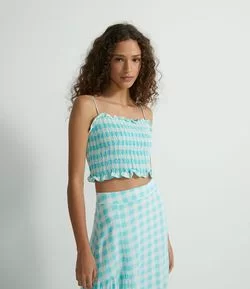 Blusa Super Cropped em Viscose Xadrez com Alcinha e Lastex