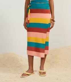 Saia Envelope Midi em Tricô com Estampa Listras e Amarração Lateral