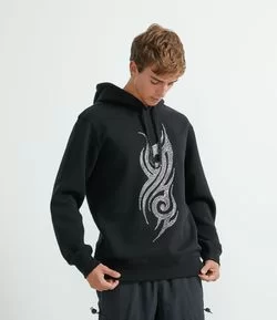 Blusão em Moletom com Estampa Tribal e Capuz