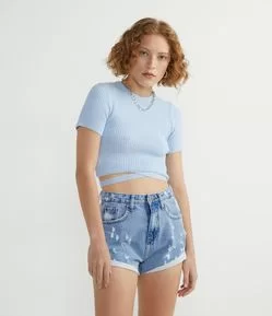 Blusa Cropped em Tricô Canelado com Amarração no Corpo
