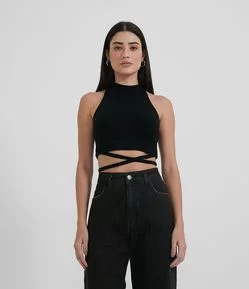 Blusa Cropped sem Manga em Ribana Canelada com Amarração