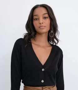 Cardigan em Tricô com Fio Metalizado e Botões Diferenciados