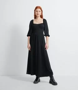 Vestido Midi em Viscose com Manga Bufante