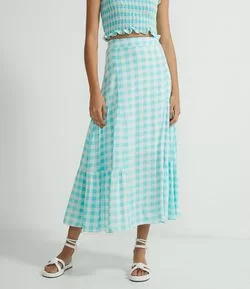 Saia Midi em Viscose Xadrez com Babados nas Laterais