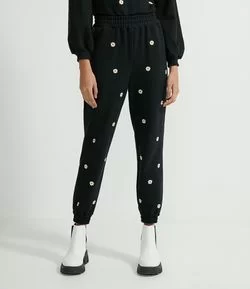 Calça Aladin em Moletom com Bordado de Margaridas