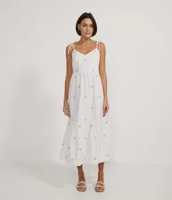 Vestido Midi Bordado com Amarração nas Alças e Babado na Barra