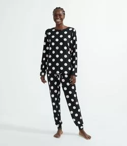 Pijama Blusa Manga Longa e Calça Estampa Poá Toque Suave