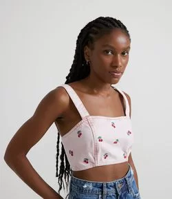 Blusa Cropped em Sarja com Bordados de Cereja