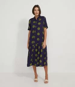 Vestido Chemise com Estampa Poá e Fechamento em Botões