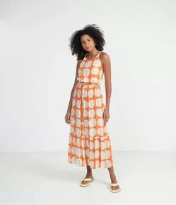 Vestido Midi em Viscose com Estampa Poá e Cordão para Amarração