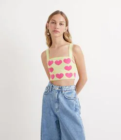 Blusa Cropped em Tricô Jacquard de Corações
