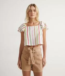 Blusa Regata em Linho com Estampa de Listras Coloridas e Babados nas Alças