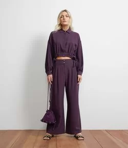 Camisa Manga Longa Ampla em Viscose com Amarração Lateral