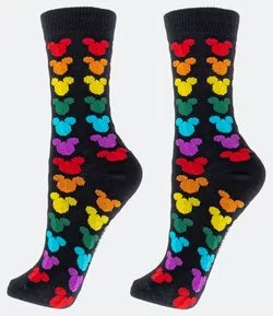 Meia Cano Alto em Algodão com Estampa Mickey