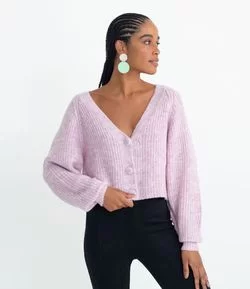 Cardigan Curto em Tricô Canelado com Botões Bordados