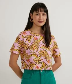 Blusa Cropped em Meia Malha com Estampa de Bananas