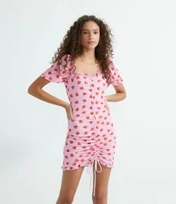 Vestido Tule Estampado moranguinhos com repuxado frontal