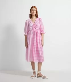 Vestido Midi em Algodão Estampa Xadrez Bipartida com Babados