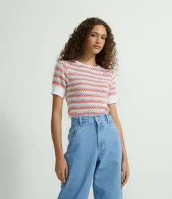 Blusa Cropped em tricô Manga Curta com Listras