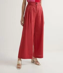 Calça Pantalona em Linho com Cós Largo e Pregas Frontais