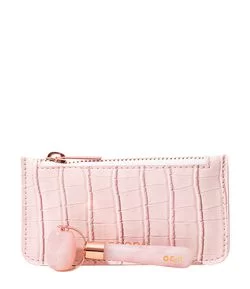 Massageador Facial Mini Rosa de Pedra Quartzo Rosa com Necessaire Rosa Oceane