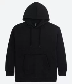 Blusão Alongado Fechado Básico em Moletom com Capuz e Bolso Canguru