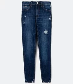 Calça Skinny Jeans Lisa com Puídos e Barra Desfeita 