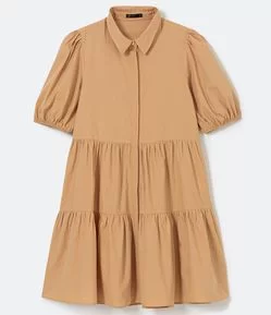 Vestido Manga Curta em Tricoline com Babados na Barra