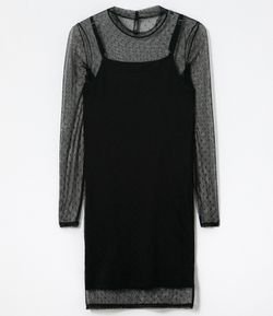 Vestido Curto Manga Longa Textura Poá em Tule 