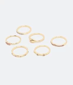 Kit 6 Anéis em Metal com Strass Colorido