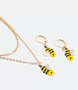 Conjunto Colar e Brinco com Pingente Miçanga Abelha
