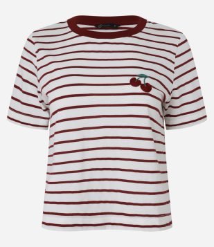 Blusa Listrada em Algodão com Cereja Bordada Marrom-Branco