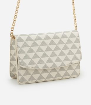 Bolsa Transversal Pequena em PU Estampa Triângulo e Alça com Corrente Off White