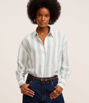 Camisa Oversized em Tricoline com Listras Largas Verde-Branco