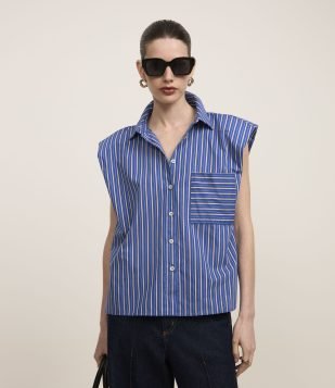 Camisa Sem Manga em Tricoline com Listra a Fio Tinto Azul