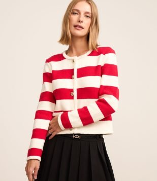 Cardigan em Tricô Listrado com Botões e Bolsinhos Vermelho