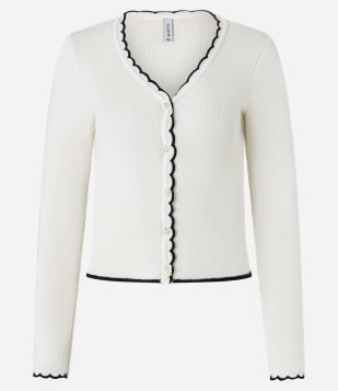 Casaco em Tricô Leve com Acabamento Ondulado e Contrastante Off White