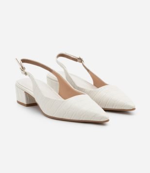 Sapato Scarpin Slingback em PU com Estampa Croco Off White
