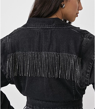 Jaqueta Jeans Com Franja De Strass Nas Costas Preto
