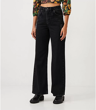 Calça Wide Leg Em Jeans Com Bolsos E Puídos Preto