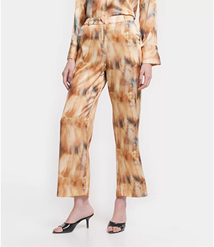 Calça Reta Acetinada Com Cintura Alta E Estampa Abstrata Tie Dye Bege