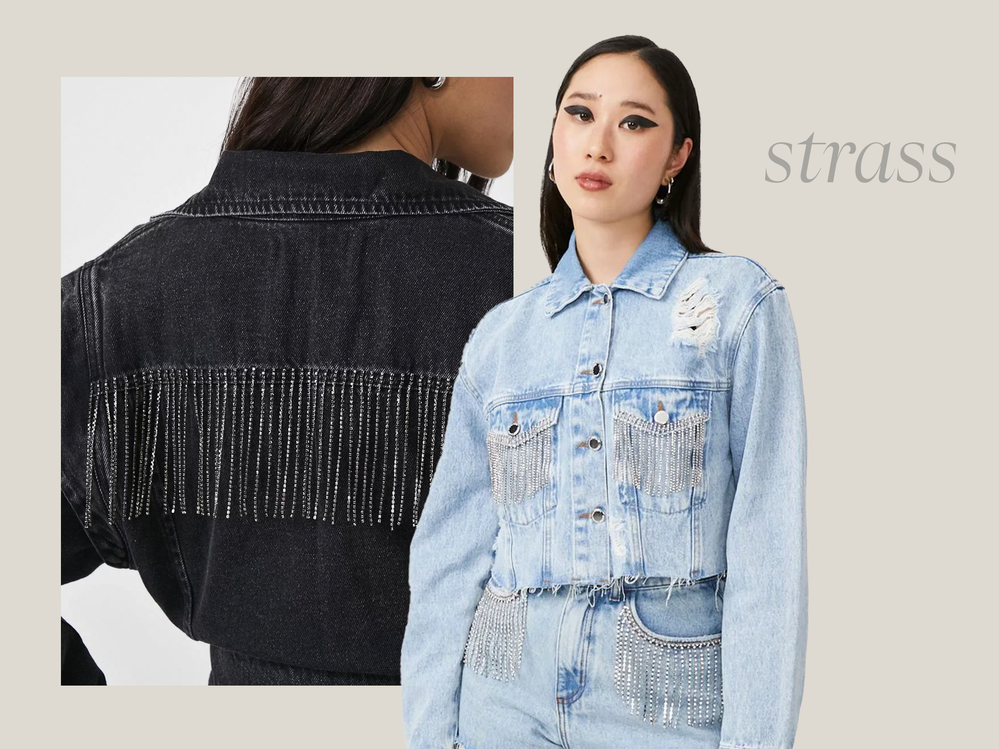 Mulher usando jaqueta de strass jeans azul e preta na tendência jeans