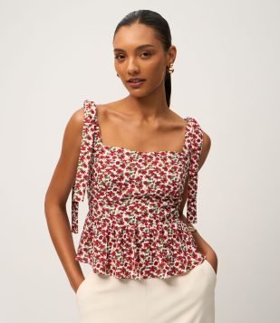Blusa Peplum Floral com Alça de Amarração Vermelho