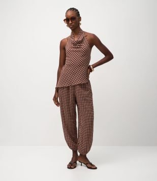 Calça Aladim em Chiffon Xadrez Vinho