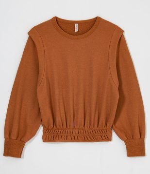  Blusão Manga Bufante em Moletom com Elástico na Barra Marrom 